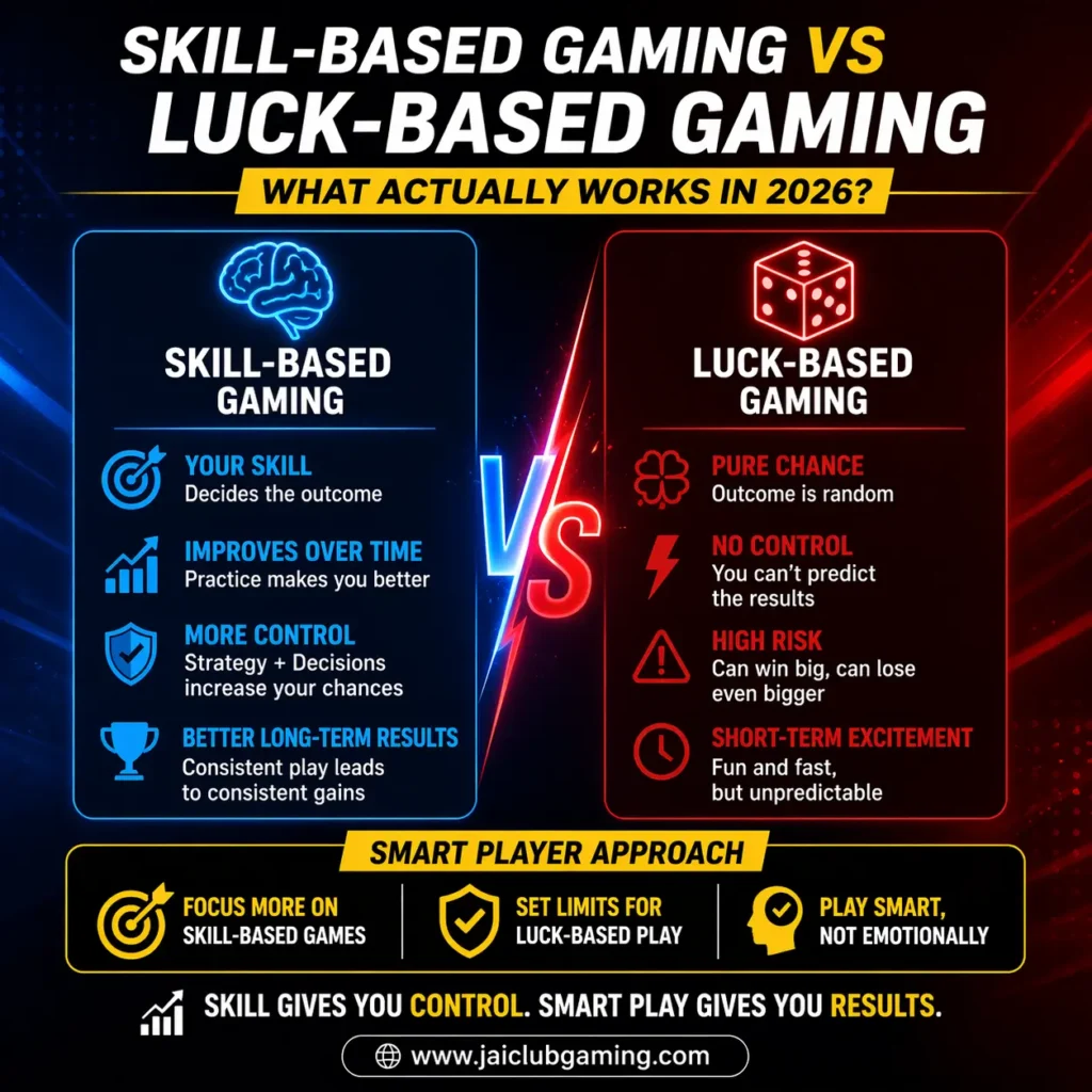 Skill vs luck in online gaming 2026 comparison infographic