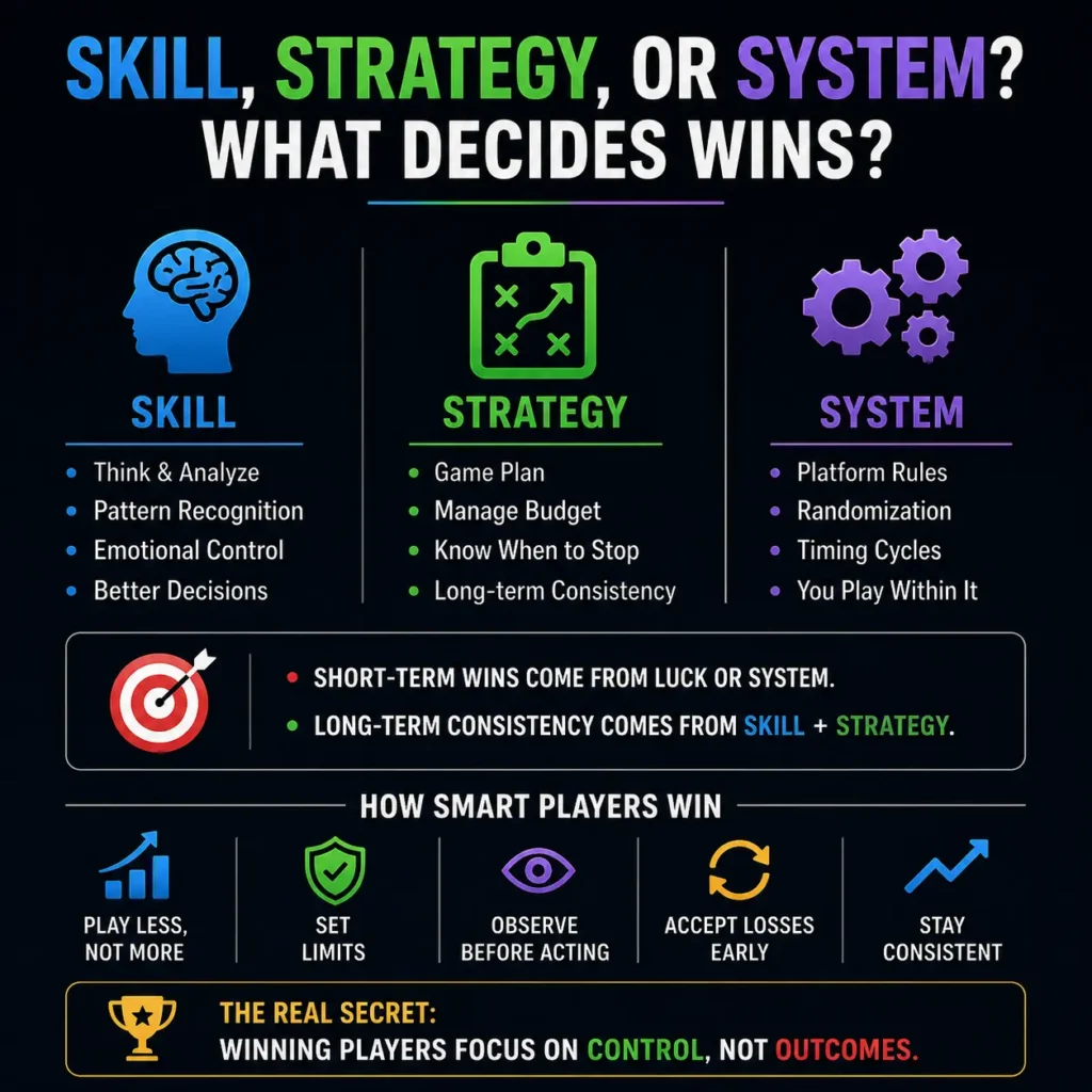 Skill vs strategy vs system in prediction games infographic